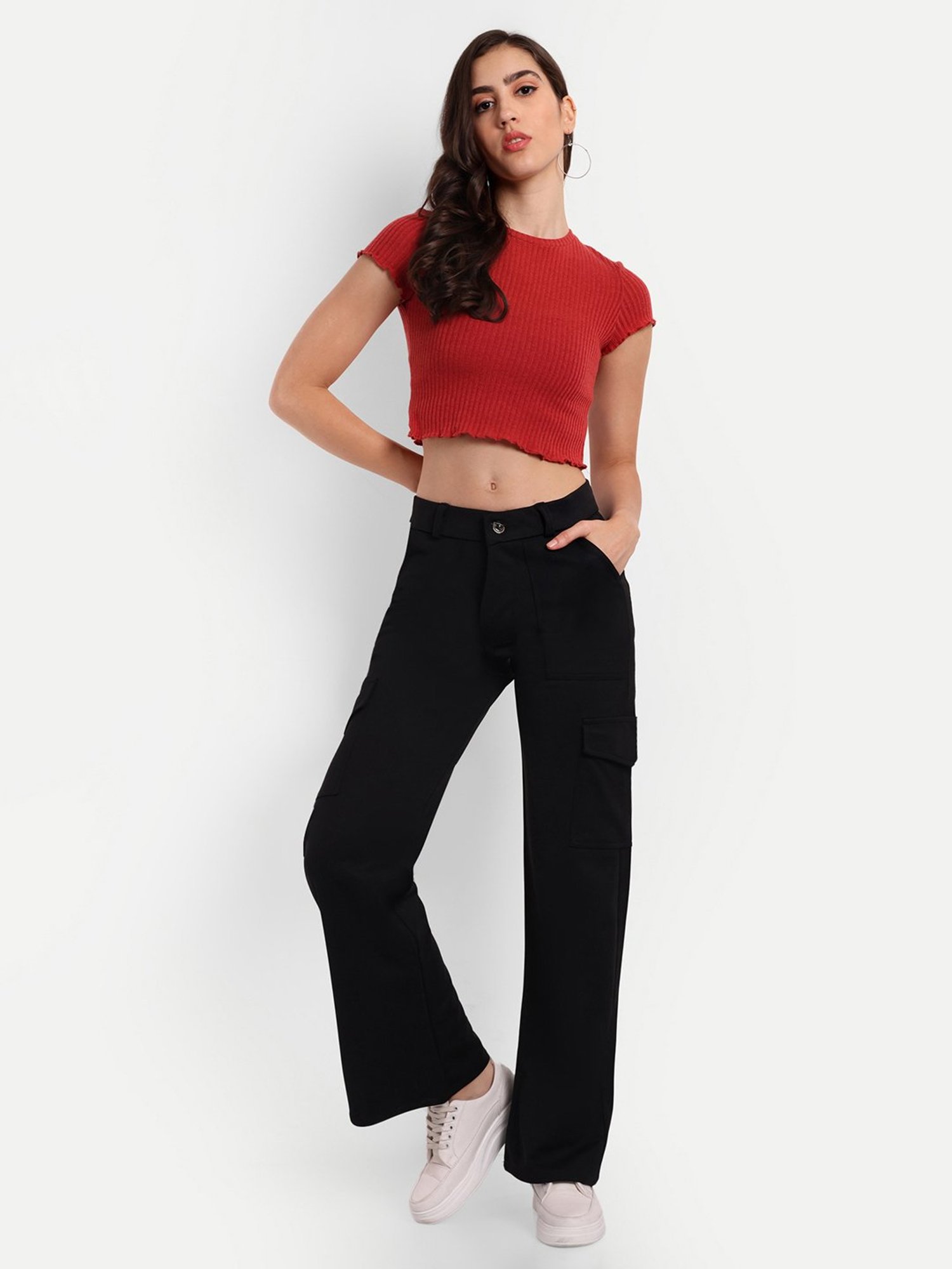 Broadstar Black Straight Fit High Rise Cargo Pants