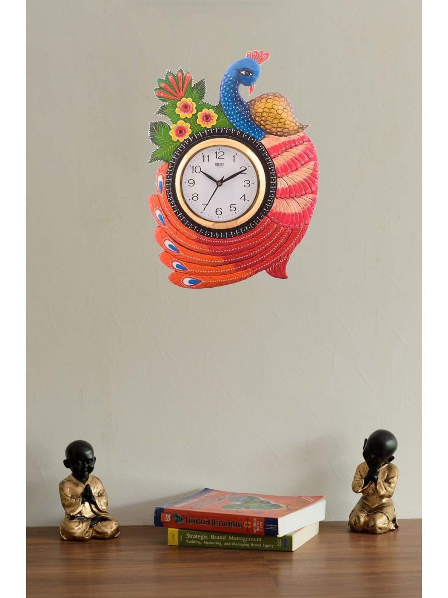 eCraftIndia Exotic and Stylish Colorful Peacock Wooden Handcrafted Wooden Wall Clock