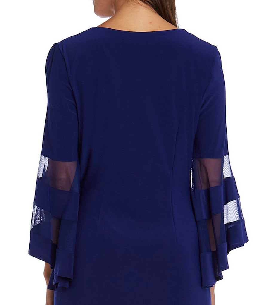 R & M Richards Petite Size Mesh Trim 3/4 Bell Sleeve V-Neck Jersey Faux Wrap Dress