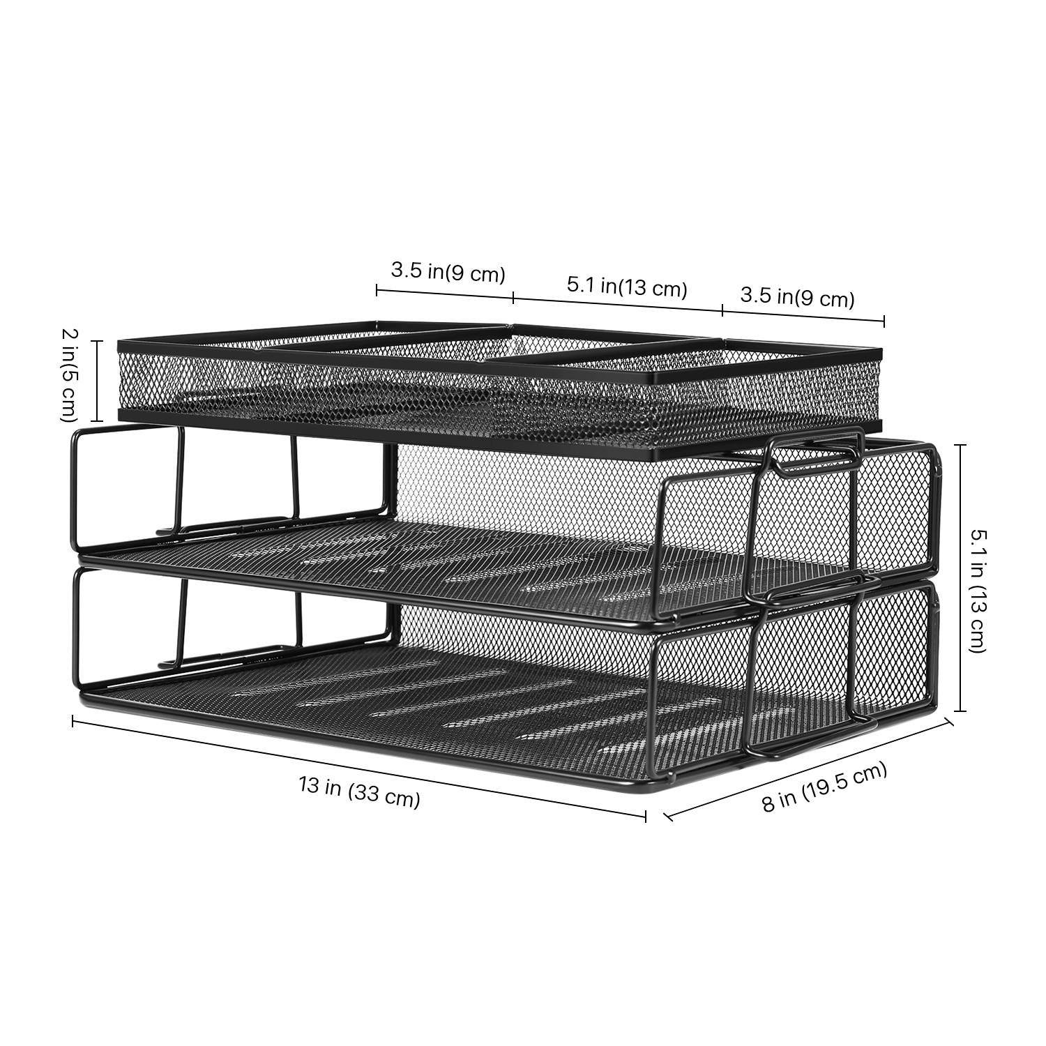 Desk Organizer Stackable Letter File Document Paper Tray - 2 Tier Mesh Metal Holder Storage Shelf Sorter for Office and Home (Black)