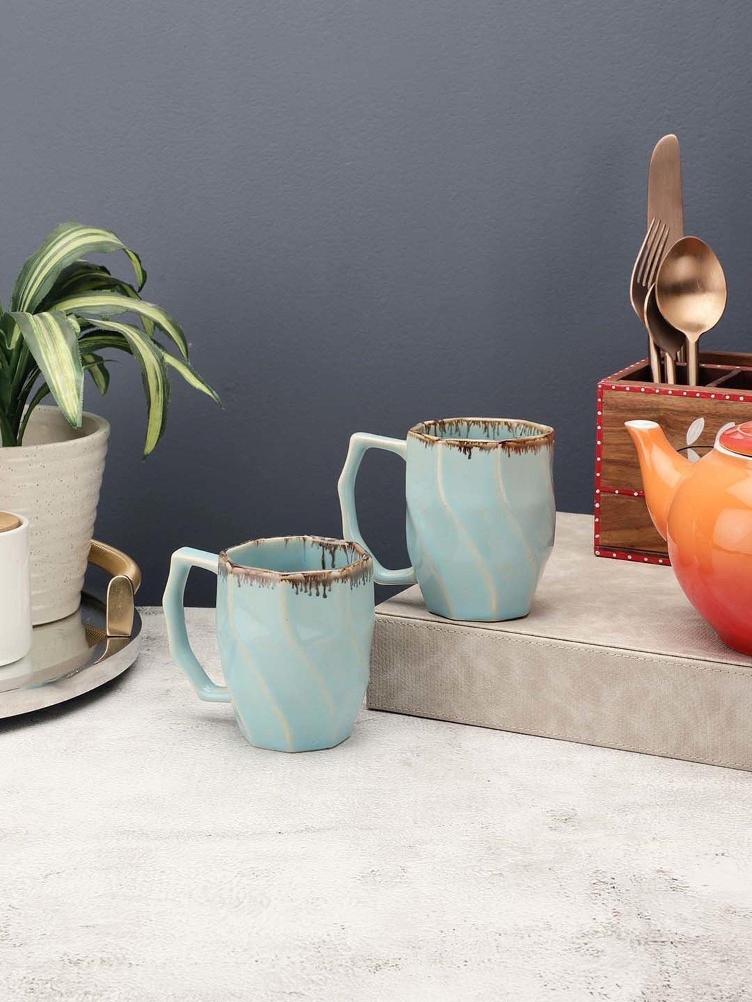 VarEesha Tranquil Sage Green Ceramic Mug (0.25 L) - Set of 2