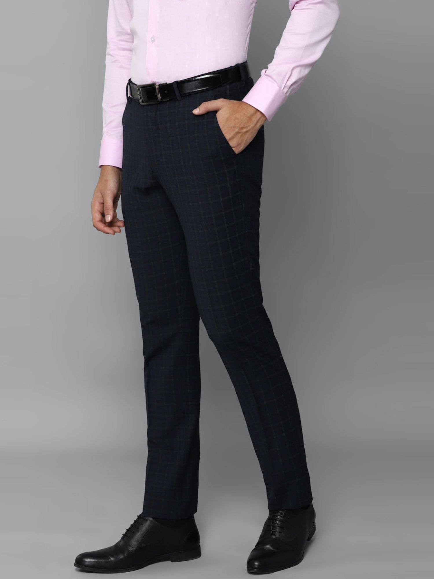 Louis Philippe Navy Slim Fit Checks Trousers
