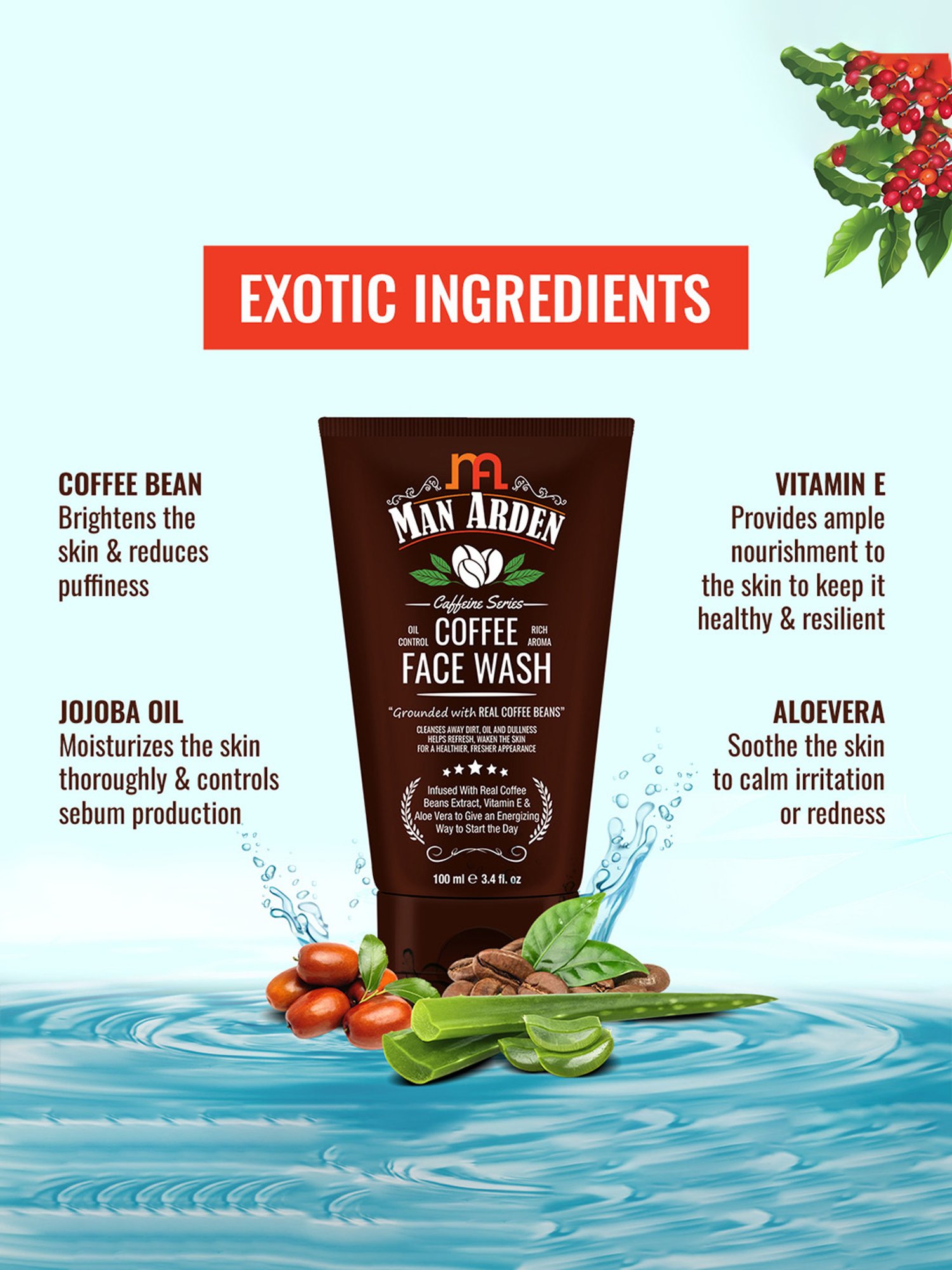 Man Arden Caffeine Series Coffee Face Wash - No Parabens, Sulphate, Silicones - 100 ml