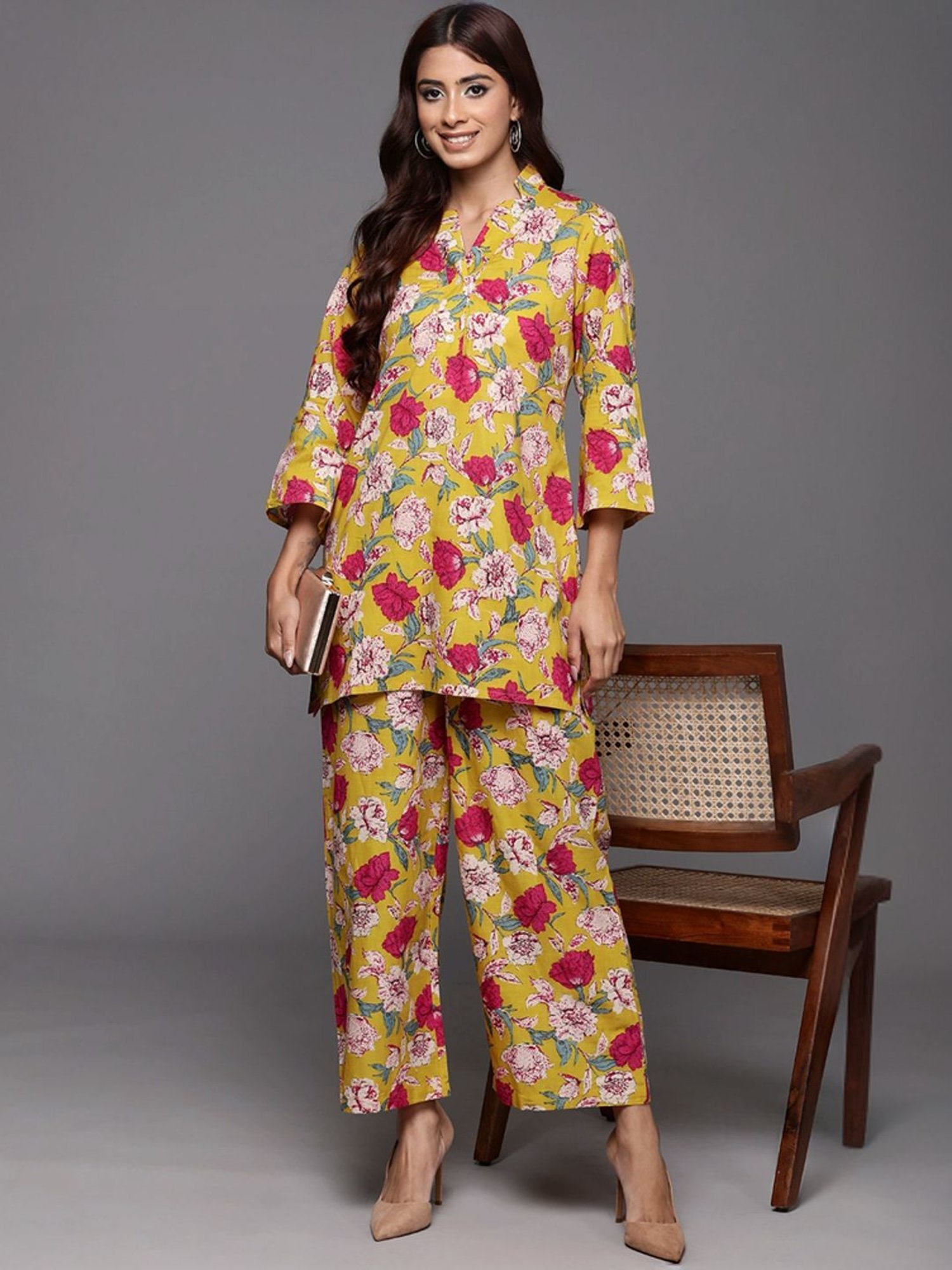 Varanga Yellow Cotton Floral Print Tunic Pant Set