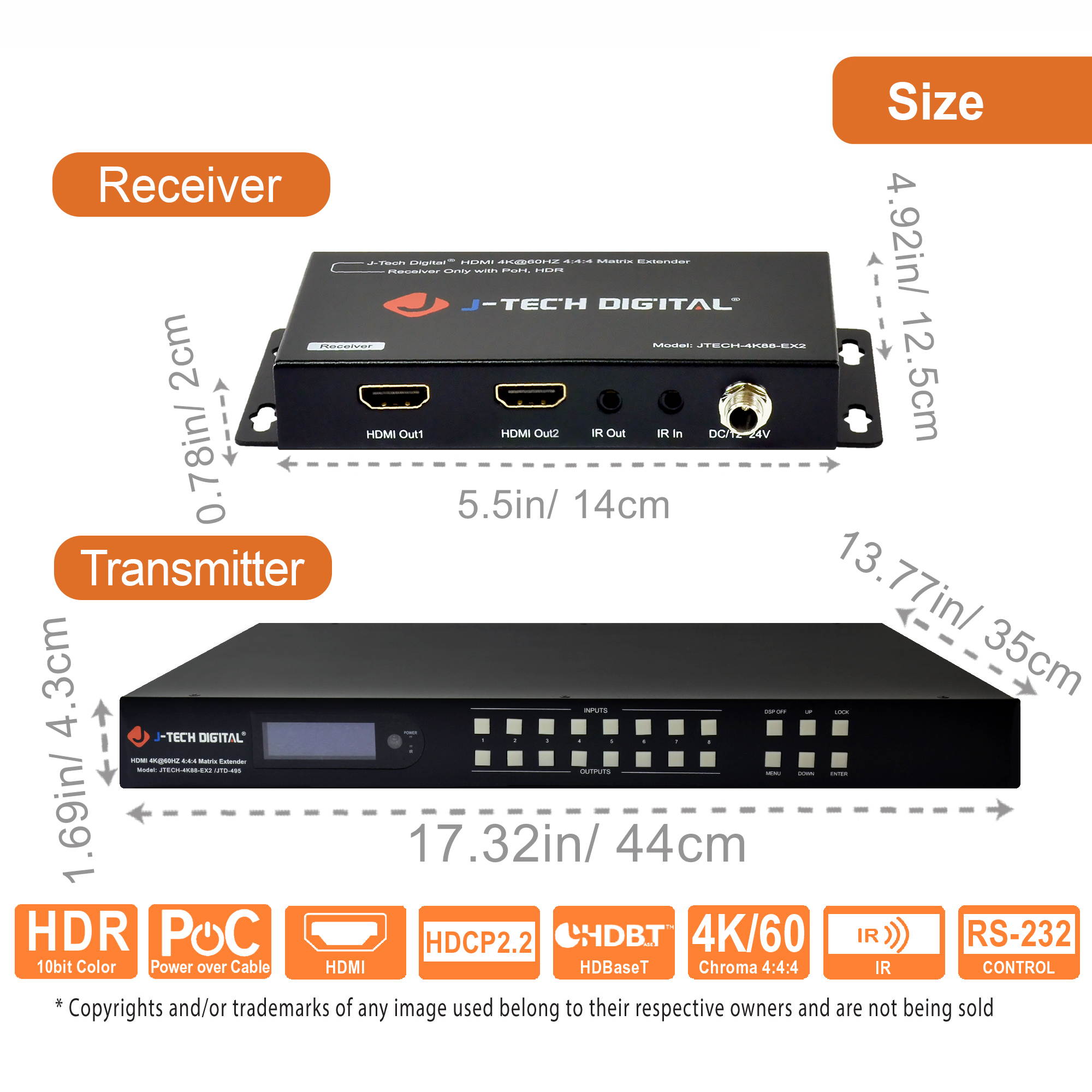 J-Tech Digital 8x8 HDMI 4K@60Hz 4:4:4 HDR HDBaseT Matrix Extender Over Cat5e/6 HDMI 2.0 HDCP 2.2 [JTECH-4K88-EX2]