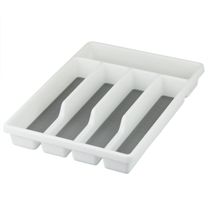 Home Basics Plastic Cutlery Tray with Rubber-Lined Compartments, White
