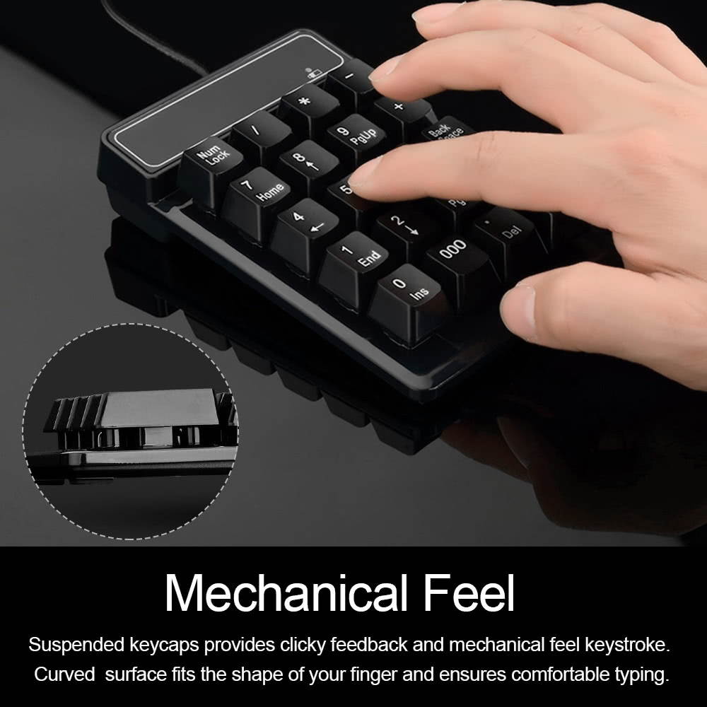 USB Wired Numeric Keypad Mechanical Feel Number Pad Keyboard 19 Keys Water-proof for Laptop Desktop PC Notebook