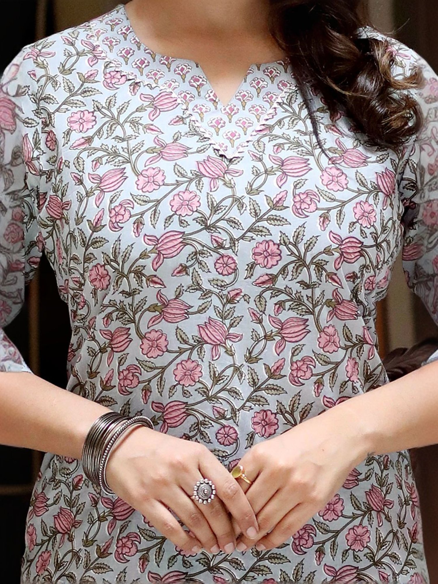 Miravan Blue Cotton Floral Print Kurta Palazzo Set