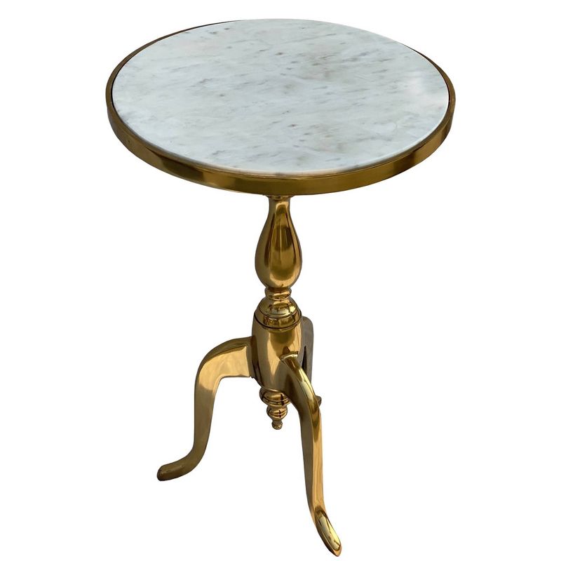 Round Marble Top Accent End Table with Flared Pedestal Metal Base White/Gold - The Urban Port