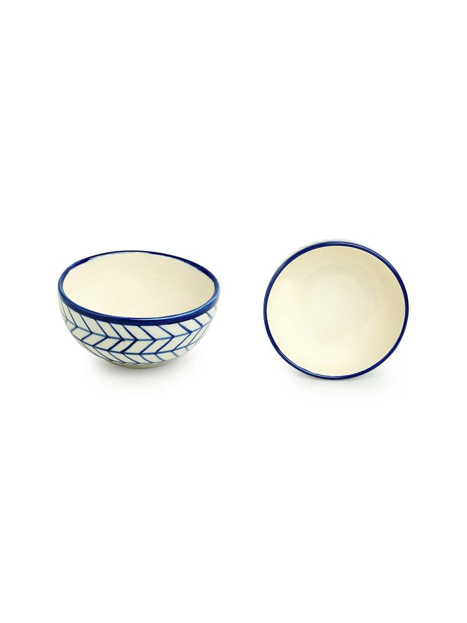 ExclusiveLane 'Indigo Chevron' Hand-painted Ceramic Dining Bowl Katoris (Set of 6, 160 ml)