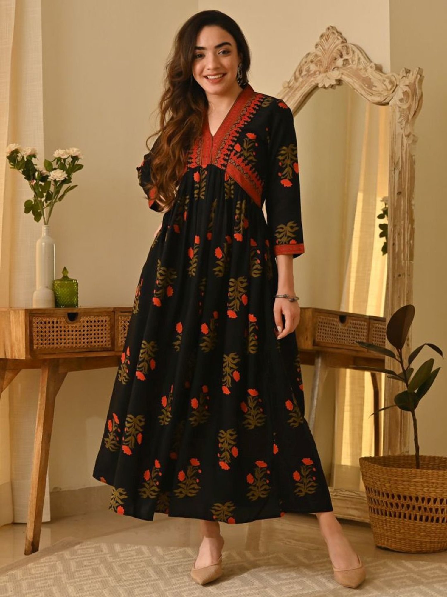 Rustorange Black Printed A-Line Dress