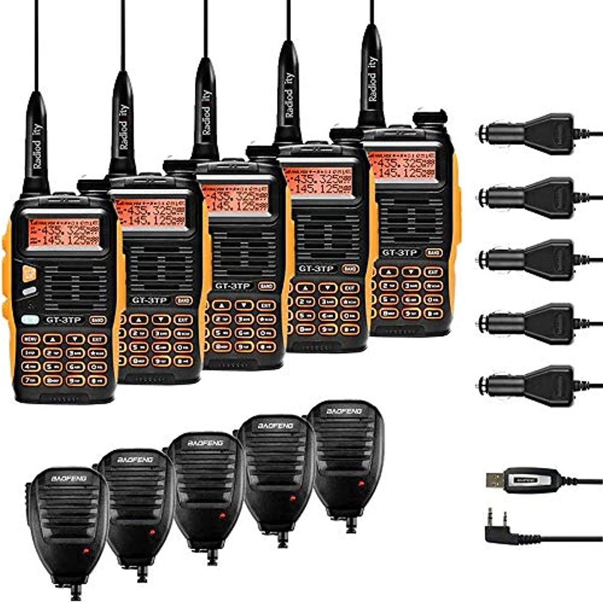 Baofeng GT-3TP Mark-III Tri-Power 8/4/1W Two-Way Radio Transceiver, Dual Band 136-174/400-520 MHz 8W, High Gain Antenna, Upgraded Chip, Remote Speakers, Programming Cable, Orange and Black, 5 Pack