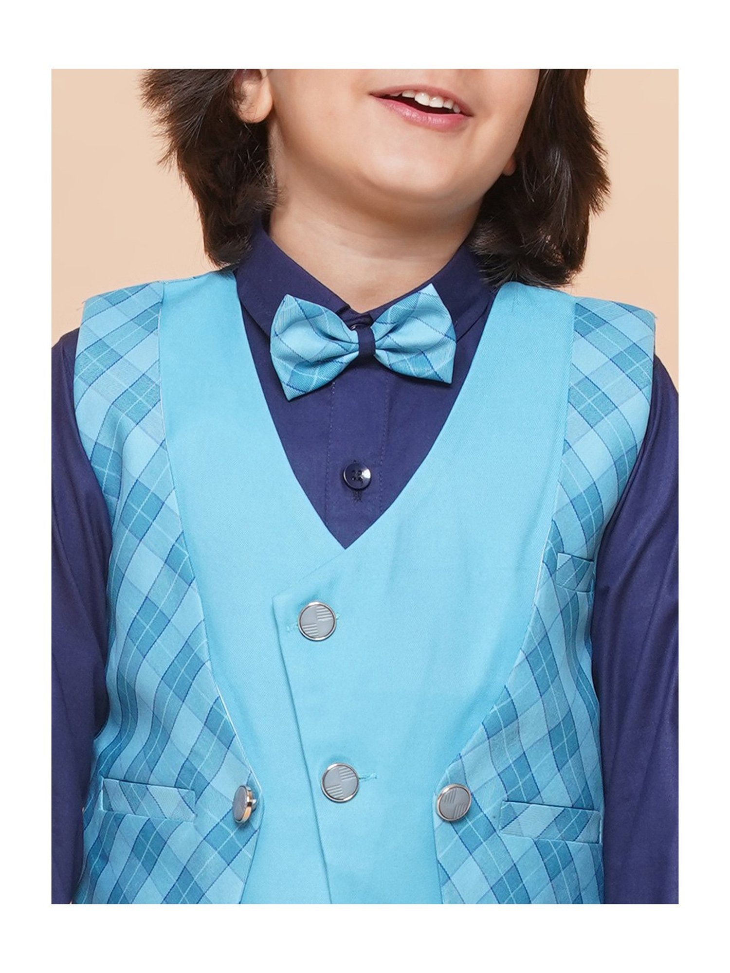 AJ Dezines Kids Sky Blue & Black Solid Full Sleeves Shirt, Pants, Coat, Waistcoat with Tie