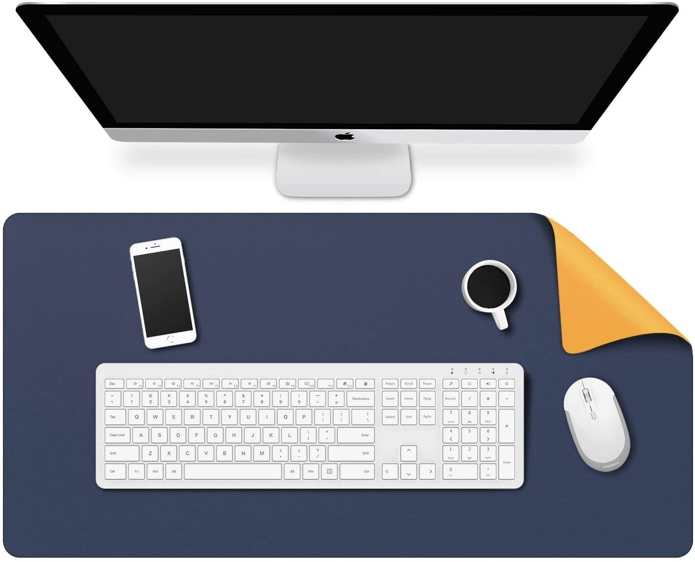 MoKo Computer Desk Mat - PU Large Extended Gaming Mouse Pad, Non-Slip Keyboard Mouse Mat, Waterproof Office Writing Desk Pad Protector, 31.5 x 15.7 x 0.08 Inch - Double Side Royal Blue/Yellow