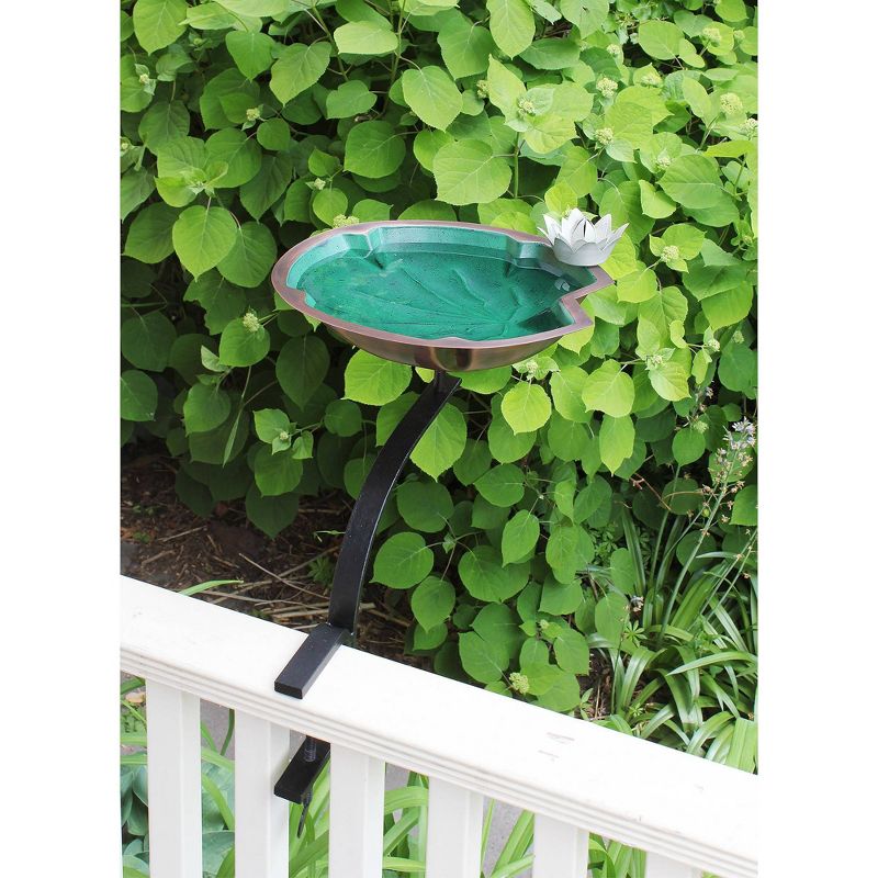 14.75" Steel Lilypad Birdbath with White Flower and Rail Mount Bracket Green - Achla Designs