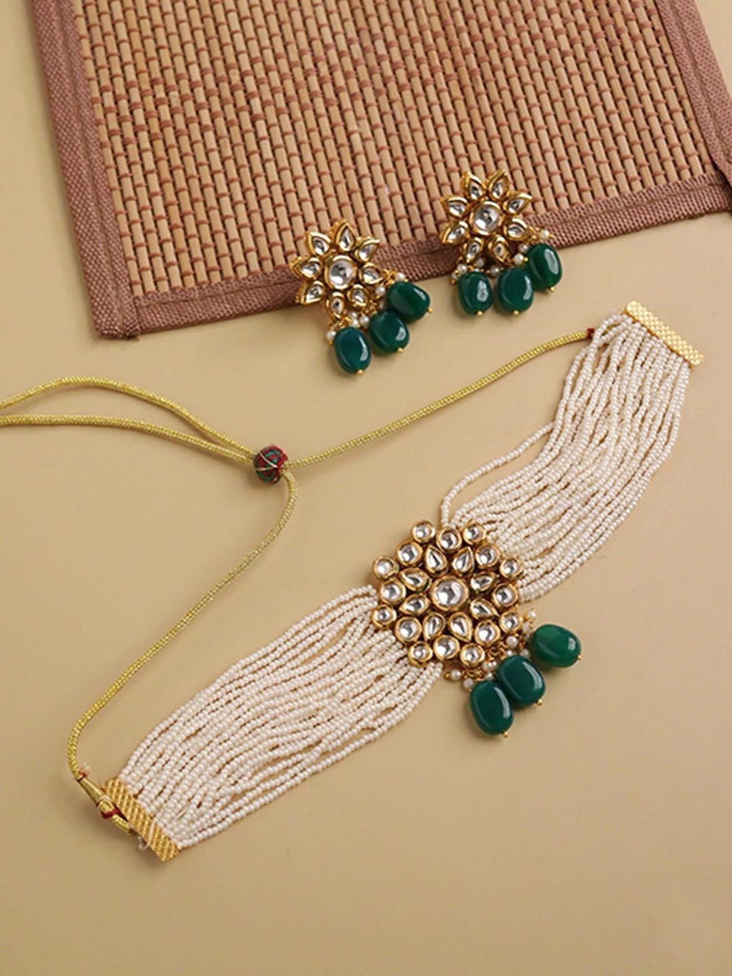 Curio Cottage Bridal Kundan and Pearls Embellished Green Necklace & Earring Set for Women