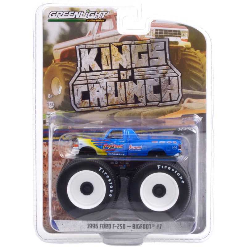 1996 Ford F-250 Monster Truck "Bigfoot #7" Blue w/Flames "Bigfoot at Race Rock" 1/64 Diecast Model Car by Greenlight