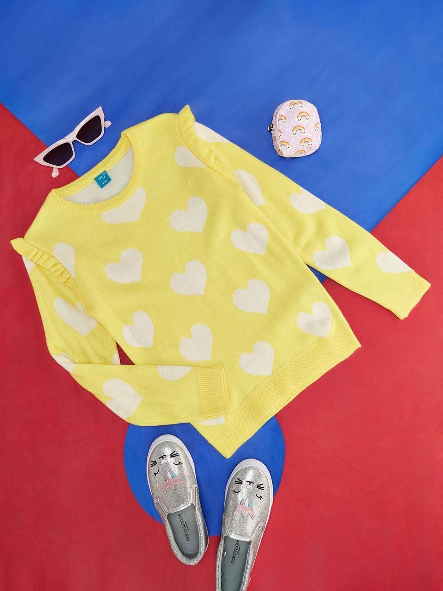 YU by Pantaloons Kids Yellow & White Printed Full Sleeves Sweater