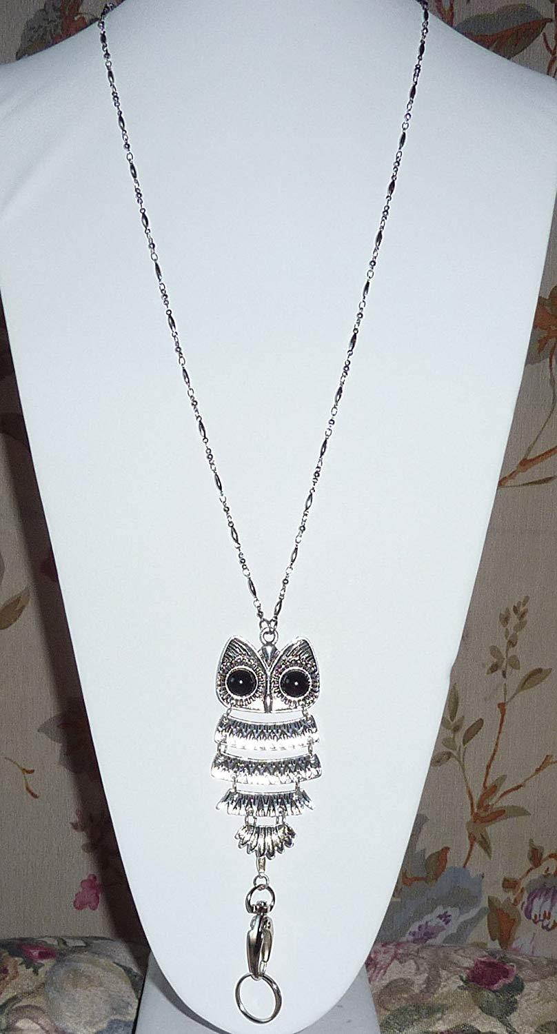 Owl Lanyard and Necklace 34" long, Women's Fashion Chain Lanyard, For Keys, Badge holder. (Silver - Magnetic Breakaway Clasp)