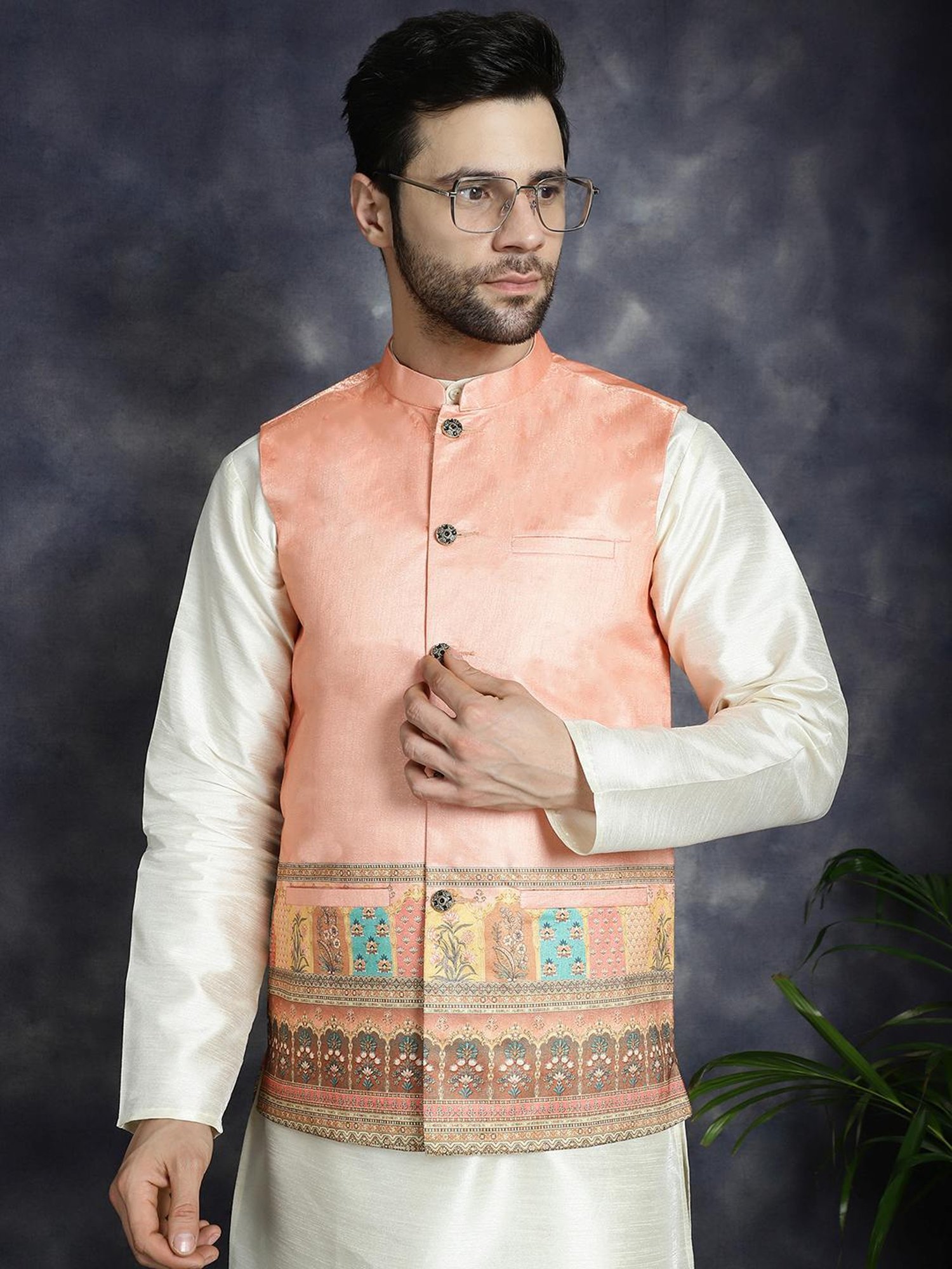 Jompers Peach Regular Fit Printed Nehru Jacket