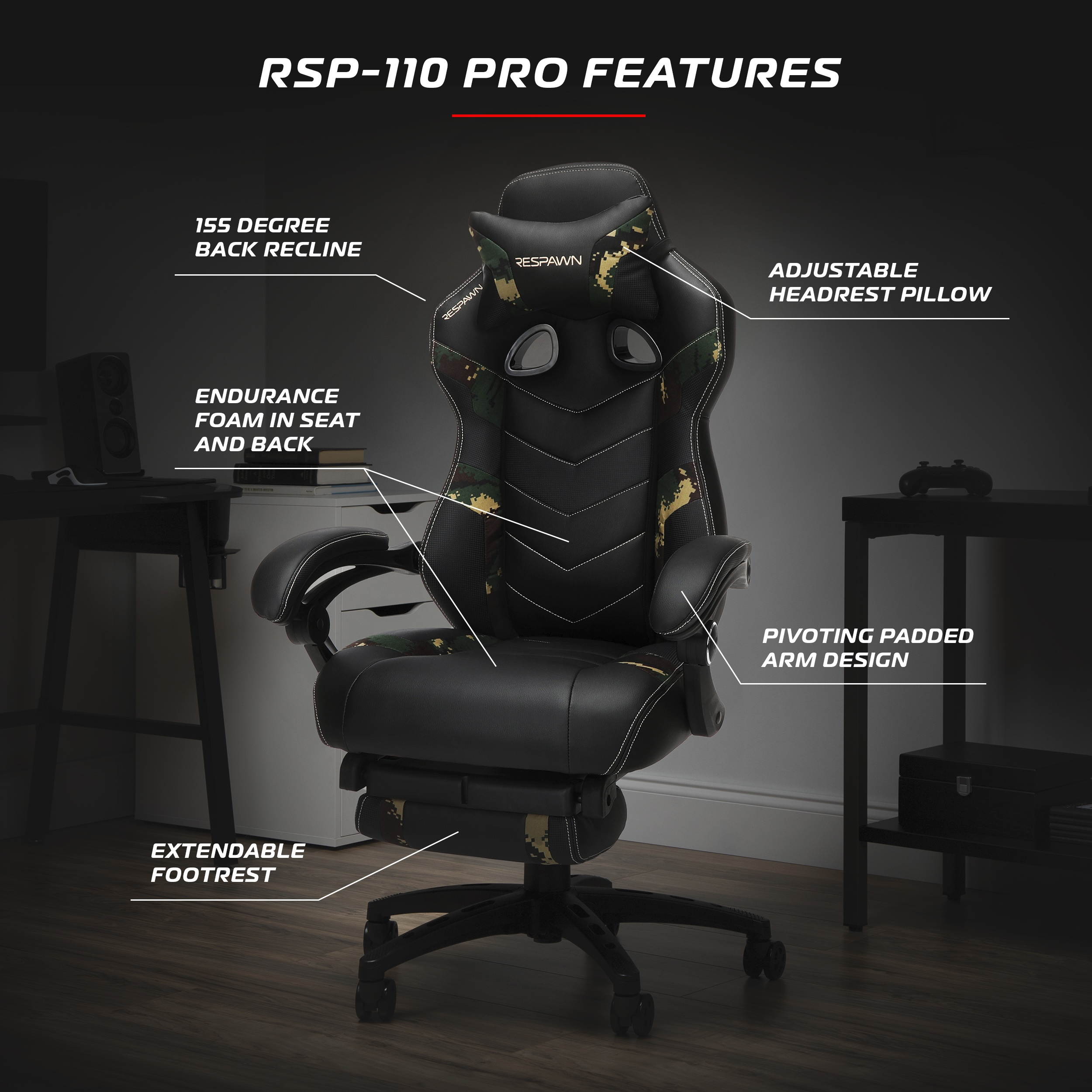 RESPAWN 110 Pro Racing Style Gaming Chair, Reclining Ergonomic Chair with Built-in Footrest, in Forest Camo (RSP-110V2-FST)