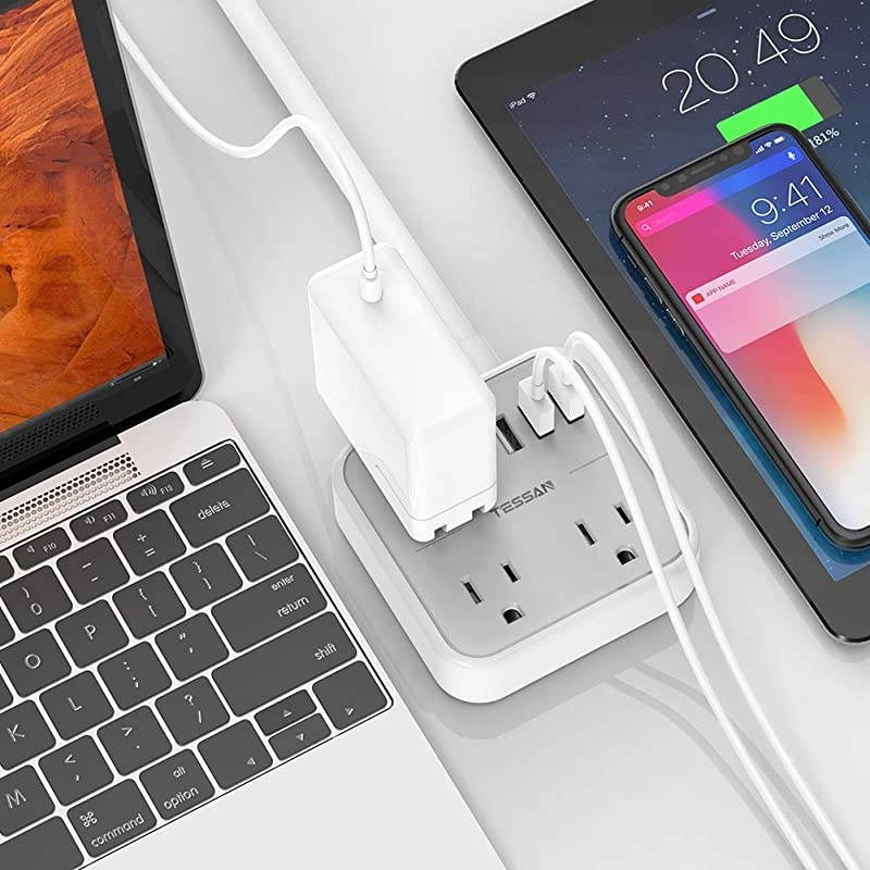 Strip with USB TESSAN Flat Plug Extension Cord with 3 USB Ports Mini Travel Strip with 3 Widely Spaced Outlets 5 Feet Cord Compact for Cruise Ship Hotel Dorm Room Home Gray