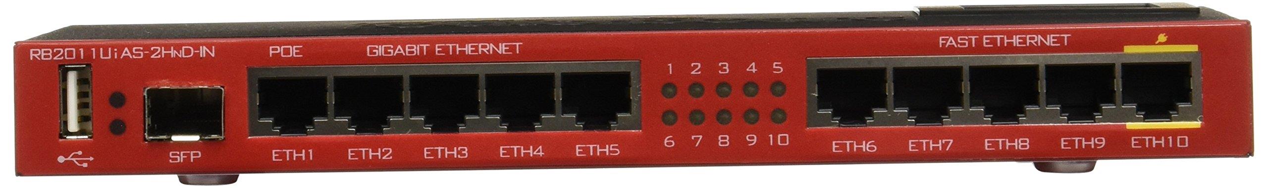 Mikrotik RB2011UiAS-2HnD-IN 2.4GHz AP 10-port wireless Router (5x Ethernet, 5x Gigabit Ethernet), SFP cage, USB, LCD, PoE output on Eth10, 600MHz CPU, 128MB RAM