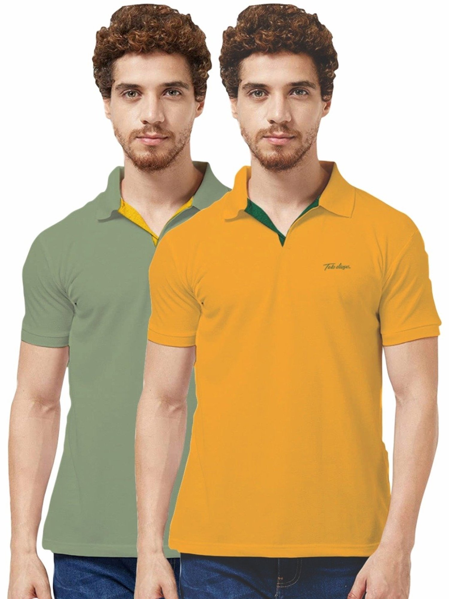 Tab91 Sage & Yellow Regular Fit Printed Polo T-Shirts