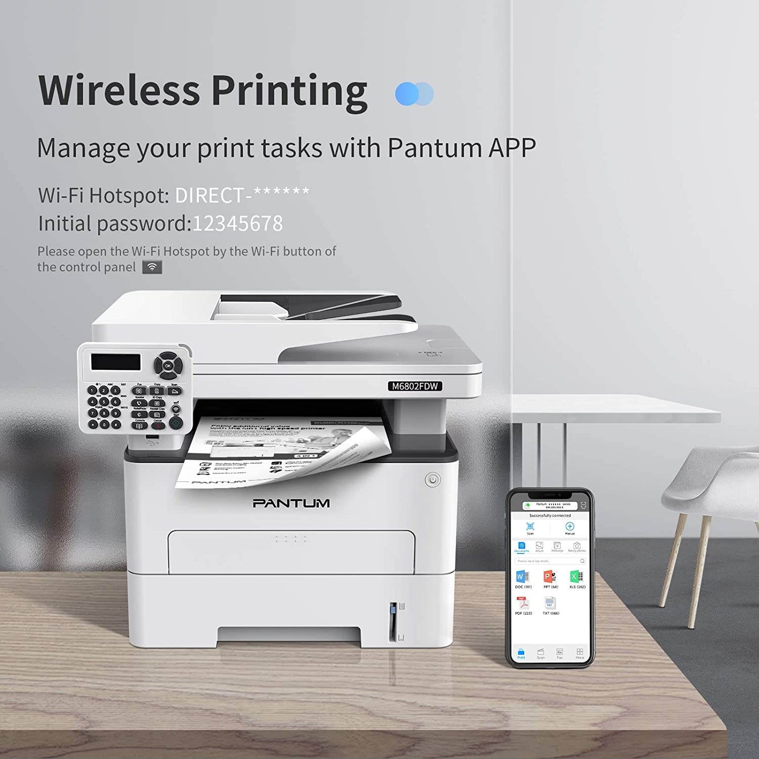 Pantum M6802FDW Wireless Monochrome Laser Printer Scanner Copier Fax All in One, Wireless Networking and Duplex Printing for Home and Office Use (V1X47B)