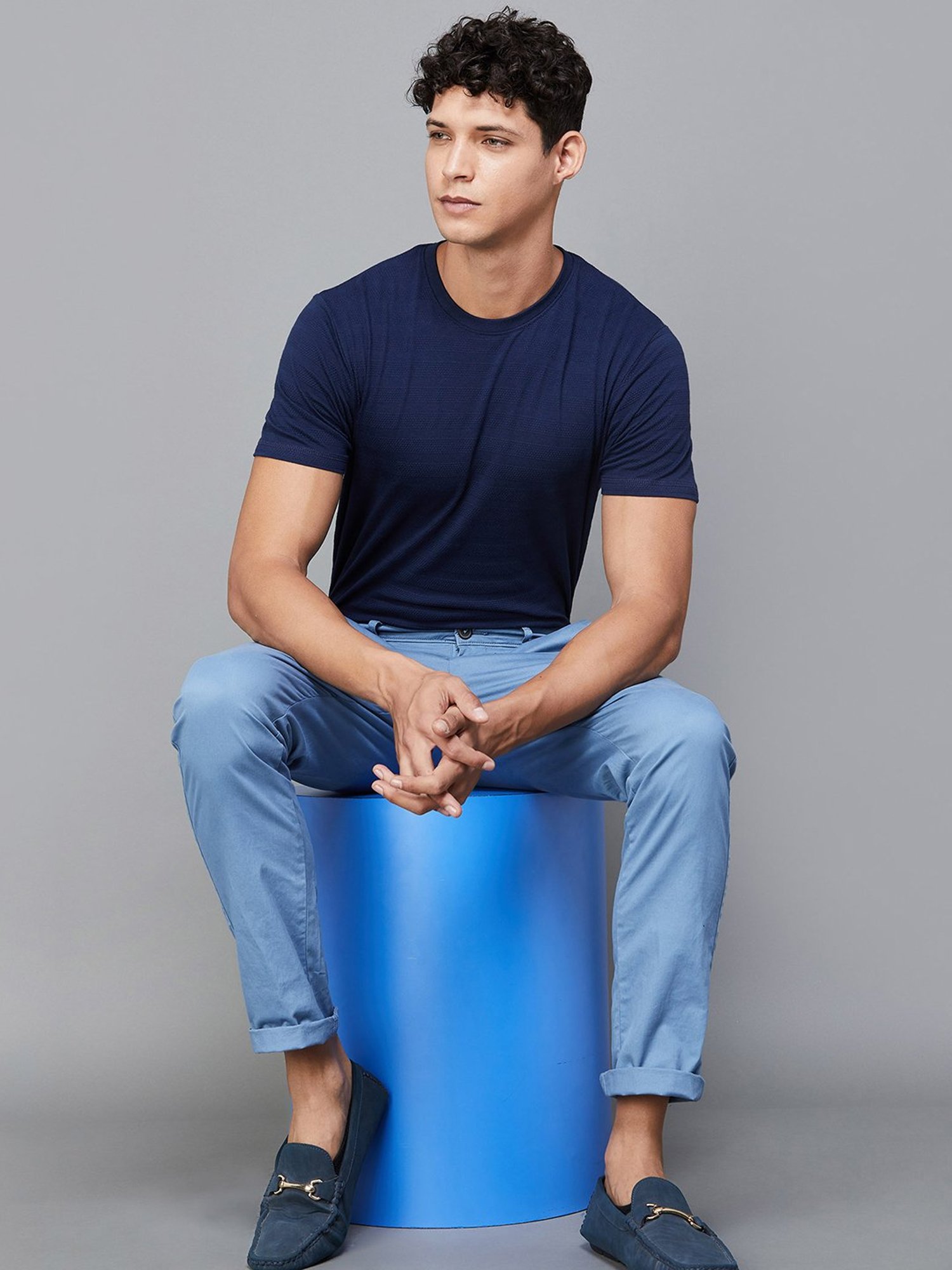 Code by Lifestyle Navy Regular Fit Textured Crew T-Shirt