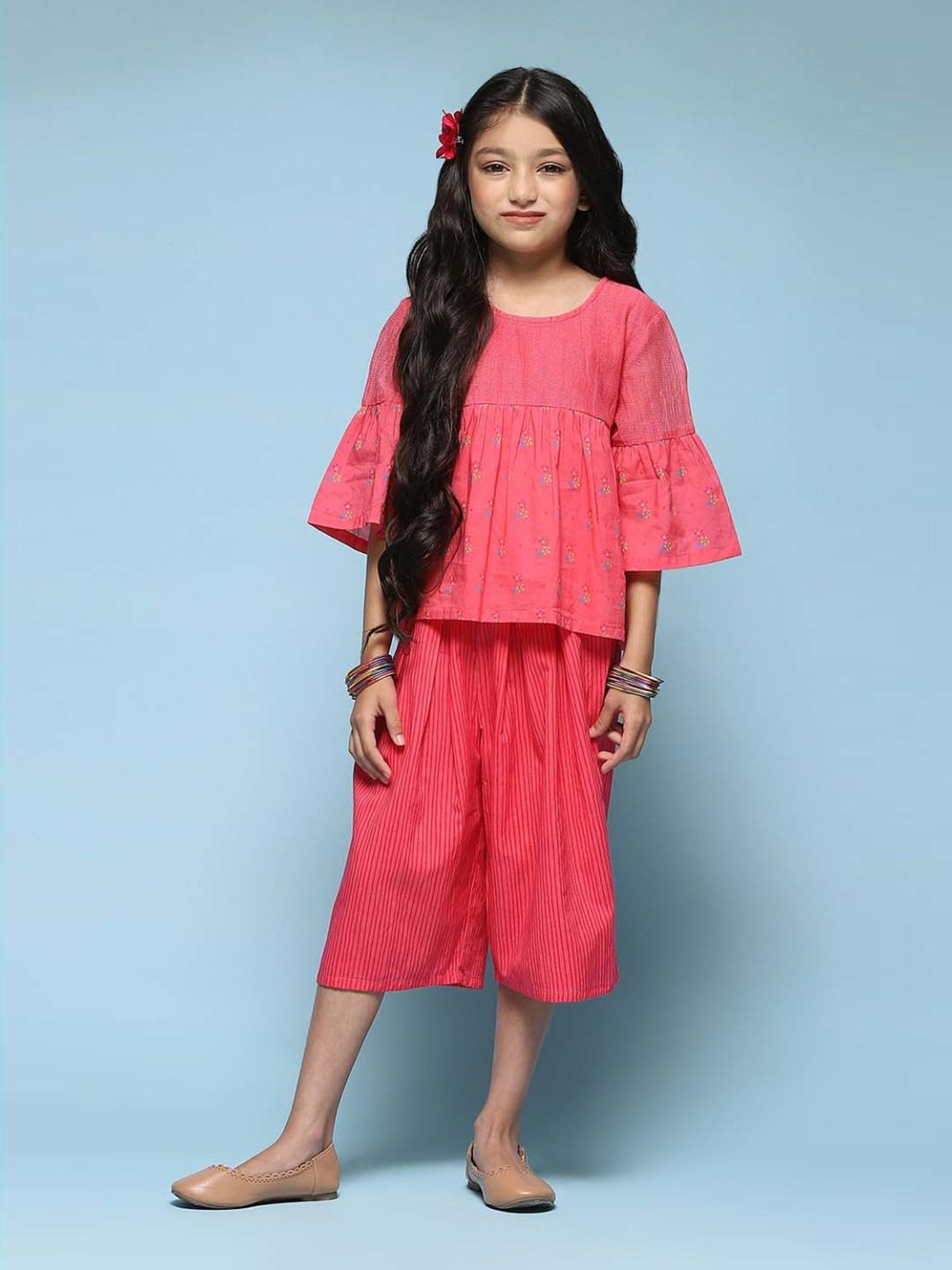 BIBA Girls Kids Pink Cotton Floral Print Top Set