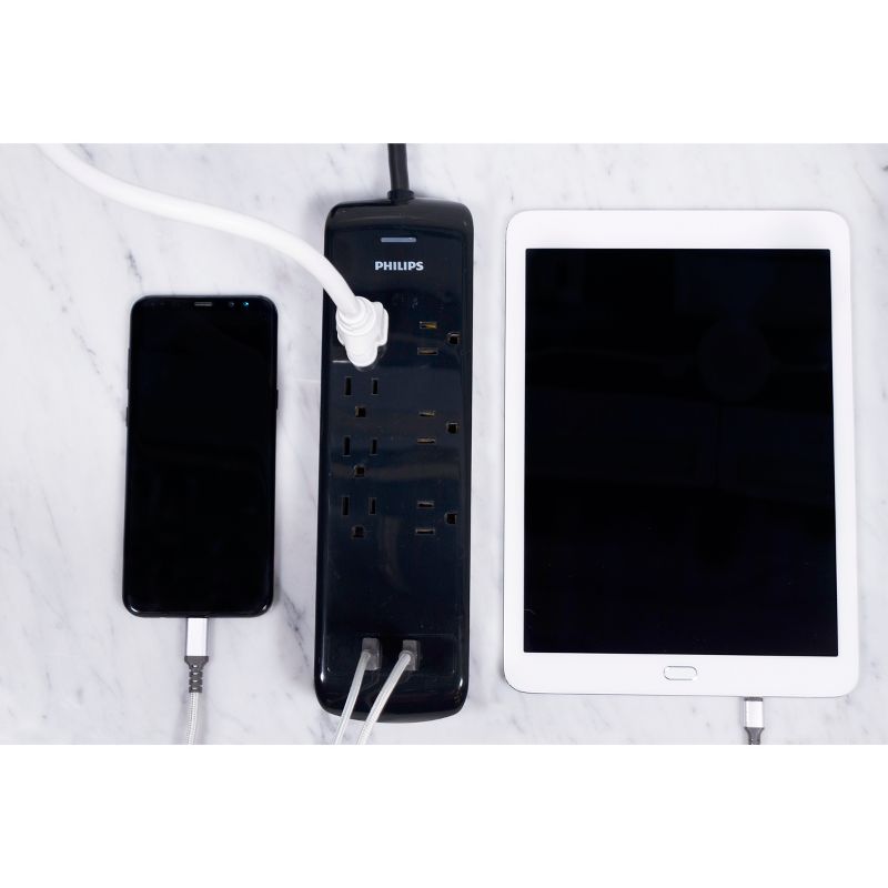 Philips 7-Outlet 2 USB Port Surge Protector with 4ft Extension Cord, Black