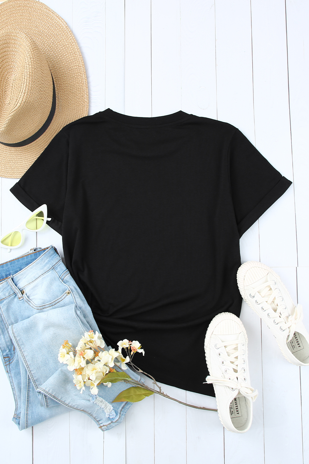 Blank T Shirt - Black Plain Rolled Up Crewneck T-Shirt Customized