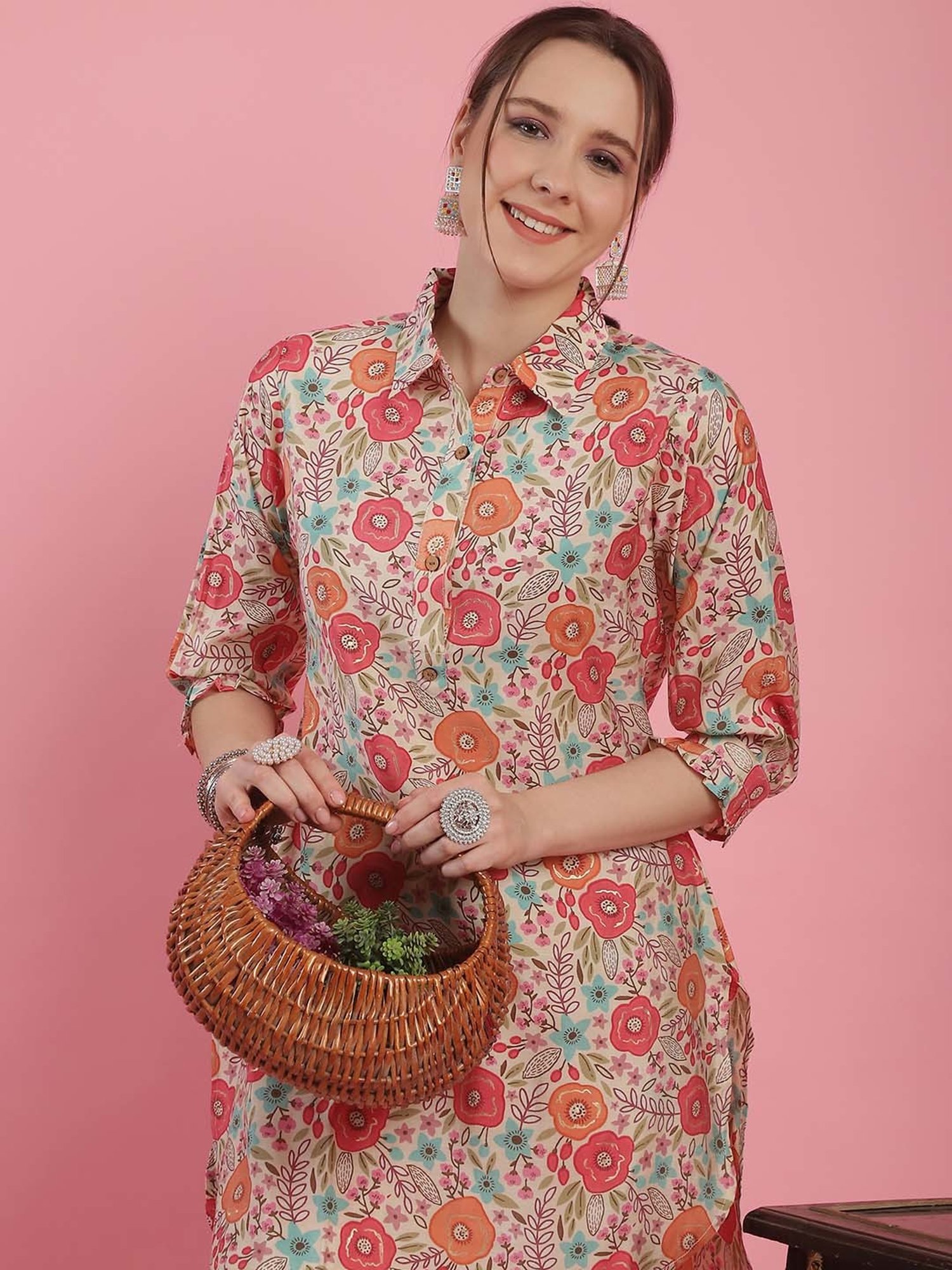 Prakrti Beige Floral Print Kurti Pant Set