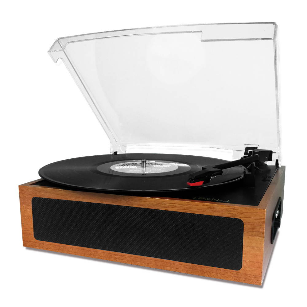 LP&No.1 Vintage Vinyl Record Player with Stereo Speakers,3 Speed Turntable, Light Brown