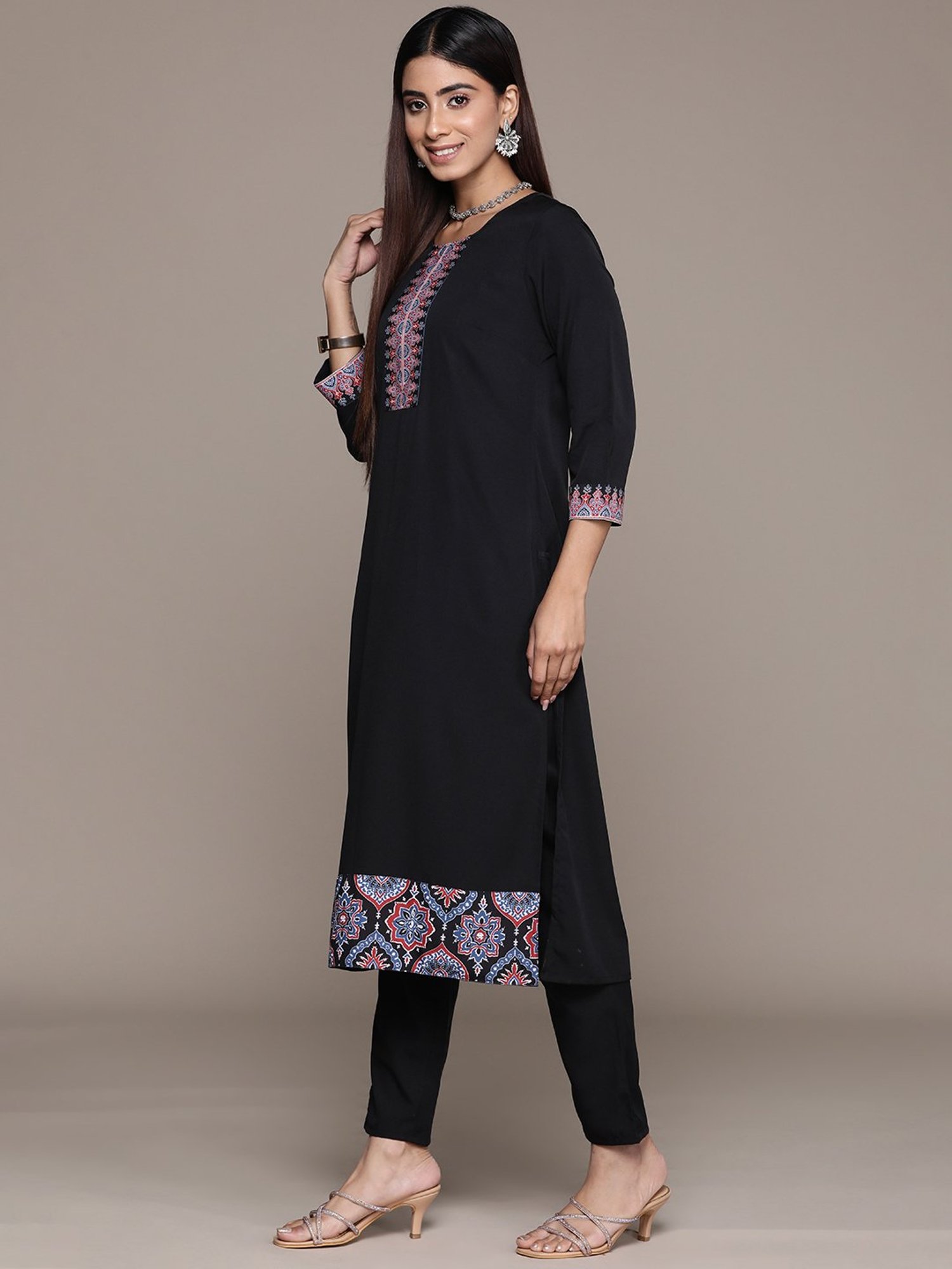 Ziyaa Black Printed Kurta With Pant & Dupatta