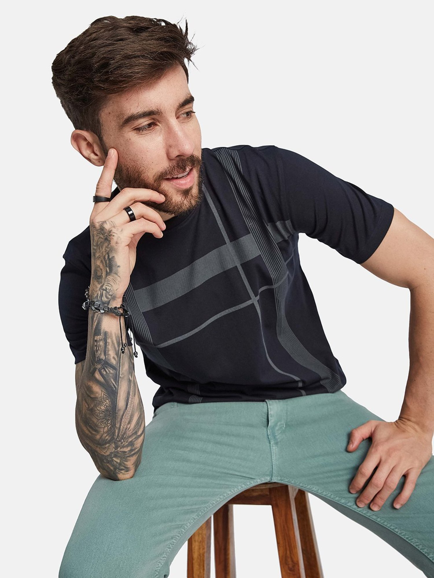 Octave Dark Navy Cotton Regular Fit Striped T-Shirt