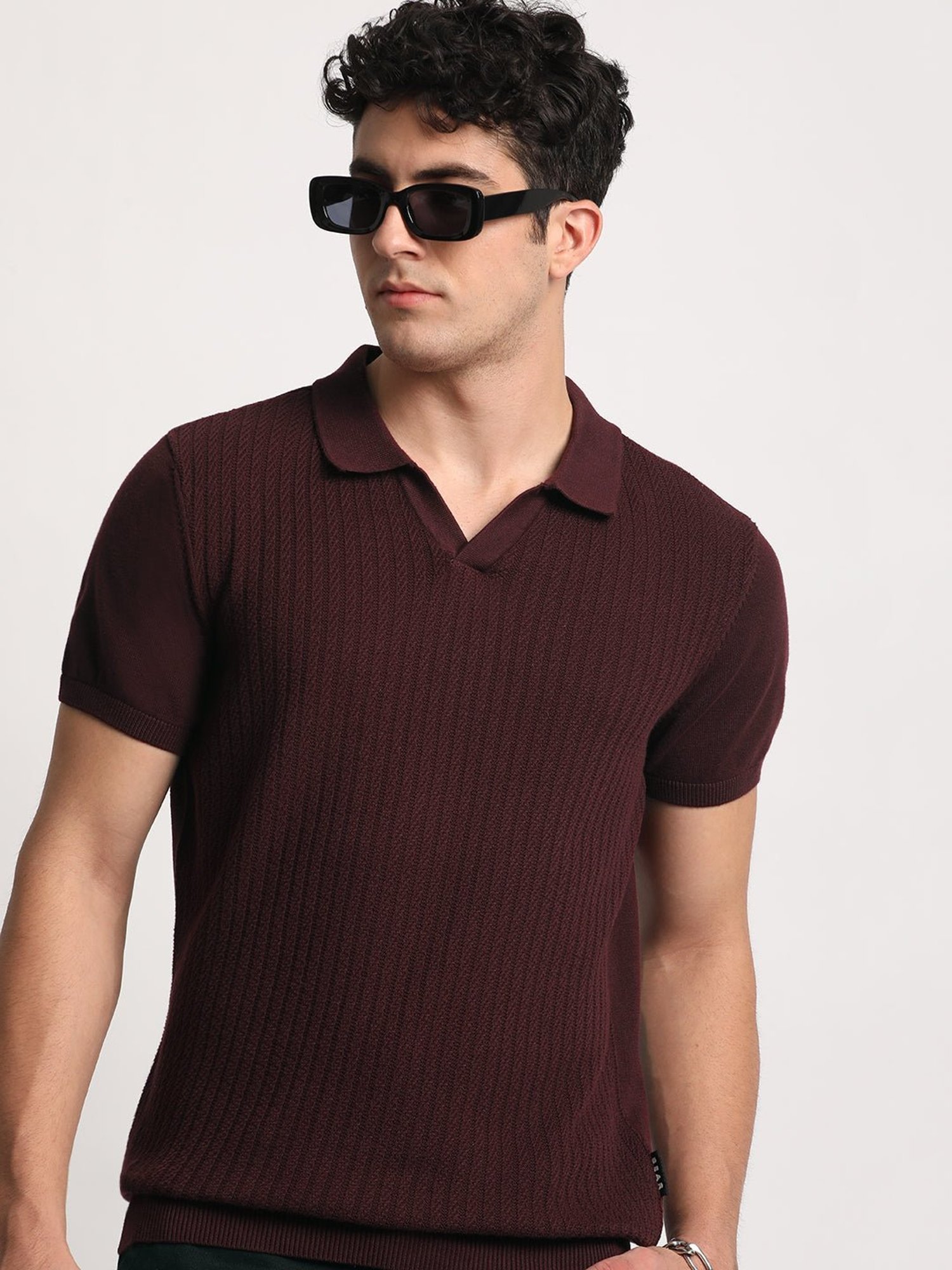 The Bear House Maroon Cotton Regular Fit Self Pattern Polo T-Shirt