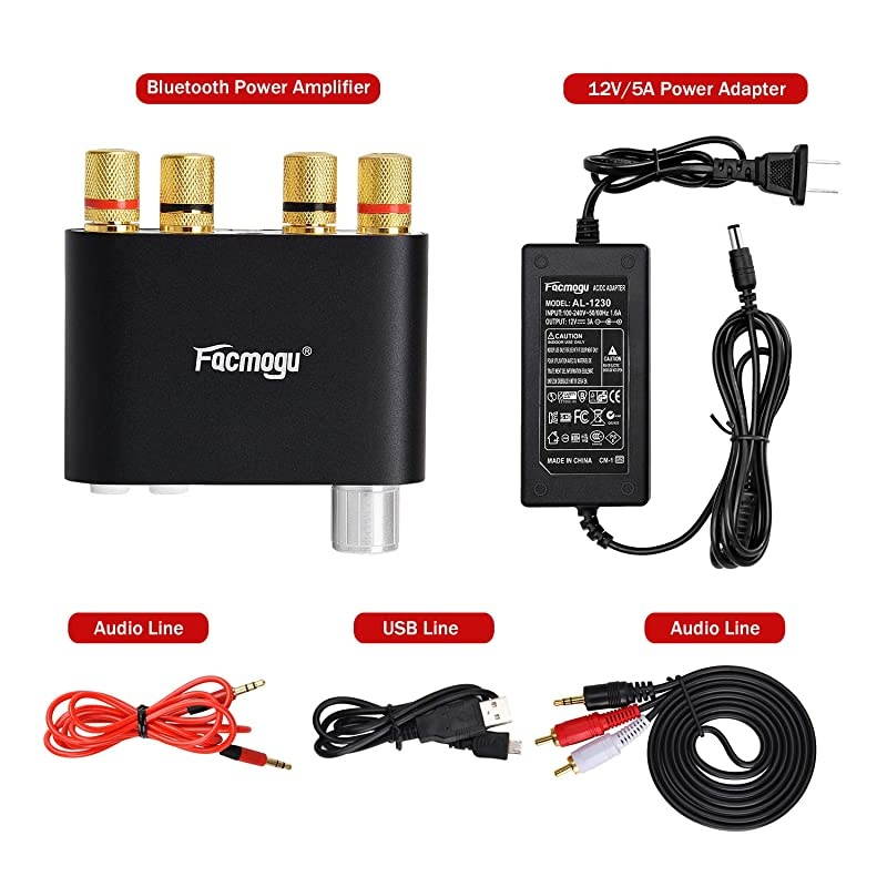 100W Bluetooth Audio Amplifier DC 12 Volt with Power Supply 12V 5A 50W + 50W Dual Channels HIFI Stereo Bluetooth 50 Receiver Bass Amp Home Car Amplifi Builtin EMI Filter Black