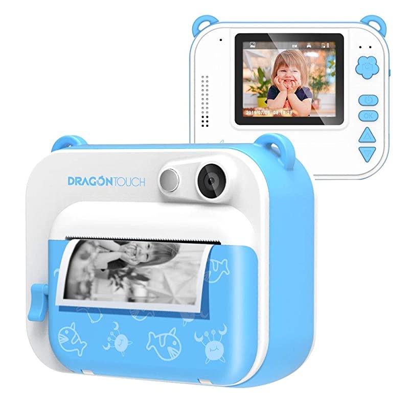 InstantFun Instant Print Camera for Kids Zero Ink Toy Camera with Print Paper Cartoon Sticker Color Pencils Portable Digital Creative Print Camera for Boys and Girls Blue