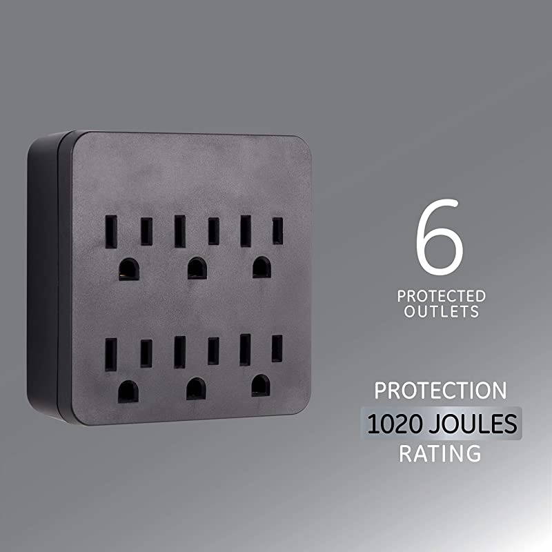 Pro 6Outlet SurProtector 2 Pack 3Prong Wall Adapter Charging Station 1020 Joules Protection Rating Automatic Shutdown Sleek Design Black 50053