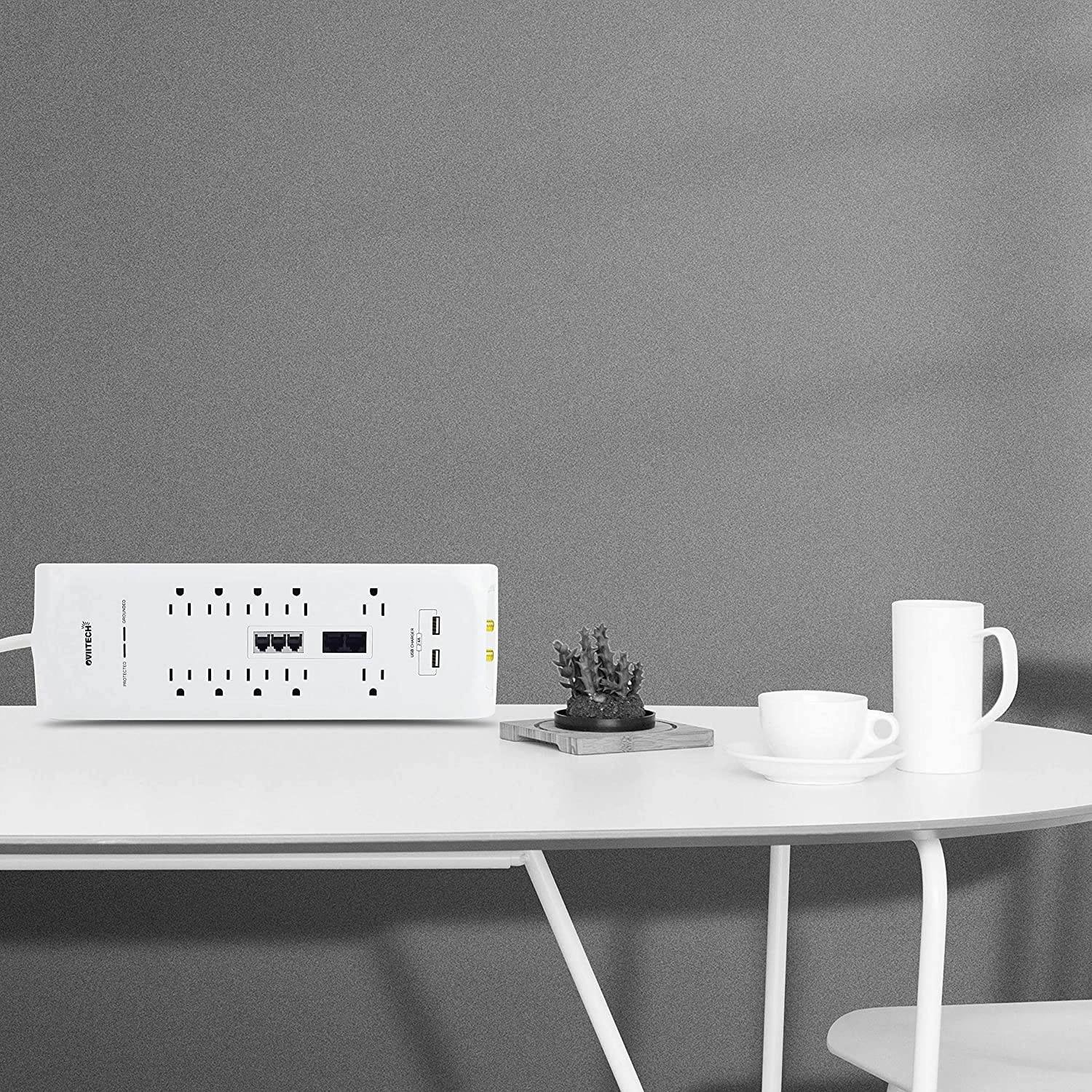 Oviitech 4200 Joules Surge Protector, 10 Outlet All-in-One Power Strip with 2 USB Charging Ports(2.4A Total),Phone/Ethernet/Coaxial Protection with 6 Foot Heavy Duty Extension Cord, White,ETL Listed.
