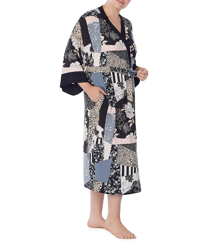 Kensie Plus Mixed Patchwork Print Woven Long Wrap 3/4 Sleeve Robe