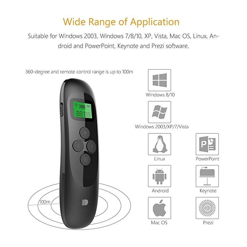 Presentation Remote  Rechargeable Wireless Presenter with LCD Display 24GHz Wireless USB Powerpoint PPT Clicker Remote Control Black