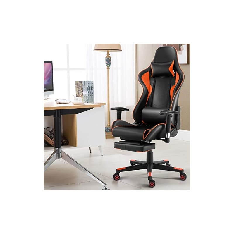 Computer Gaming Chair, Adjustable Massage Gaming Chair w/Footrest and Adjustable Armrests, Ergonomic High Back Racing Chair, Executive Swivel Desk Office Chair with Massage Lumbar (Orange)