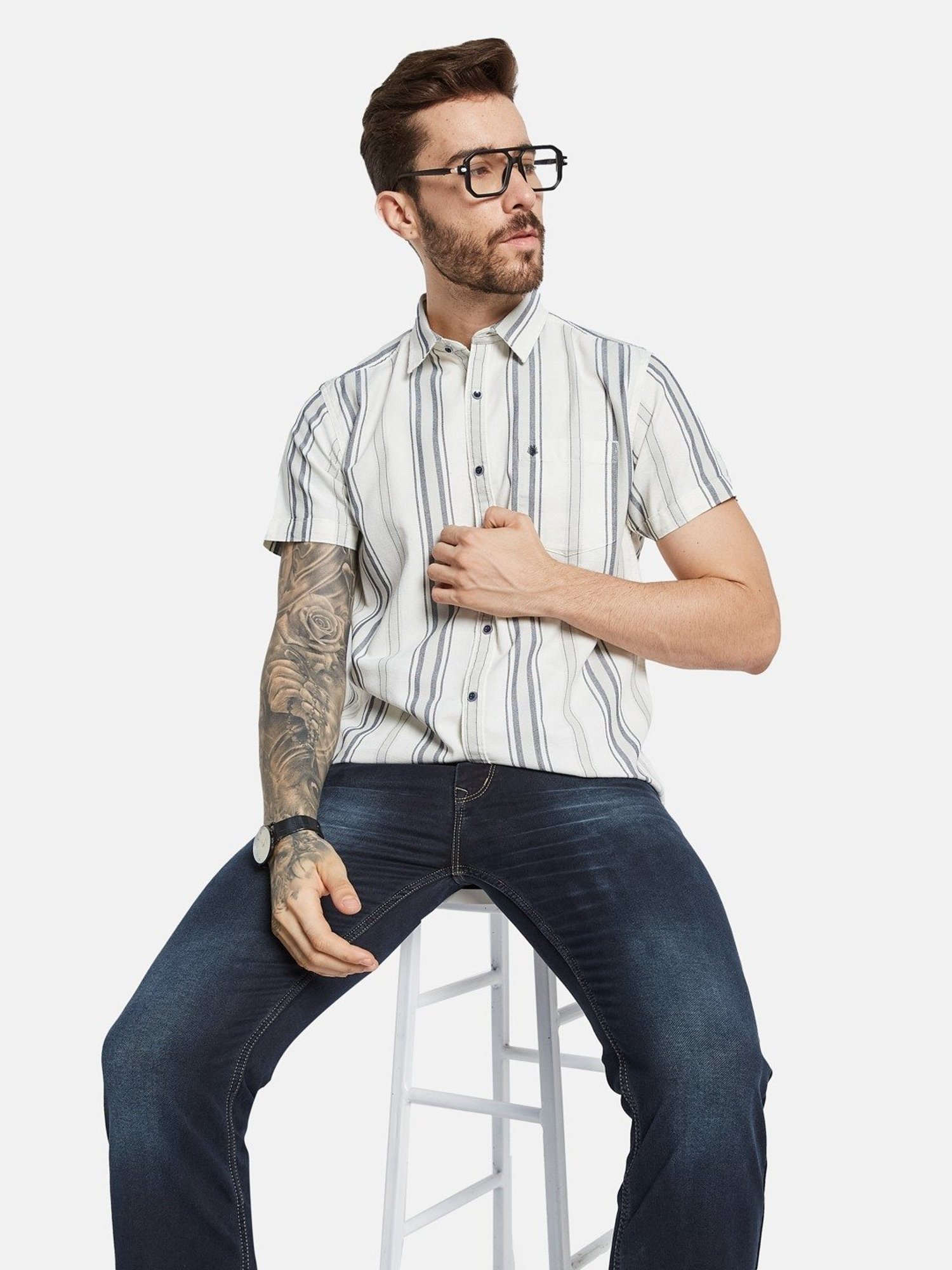 Mettle Off White Cotton Regular Fit Striped Shirt