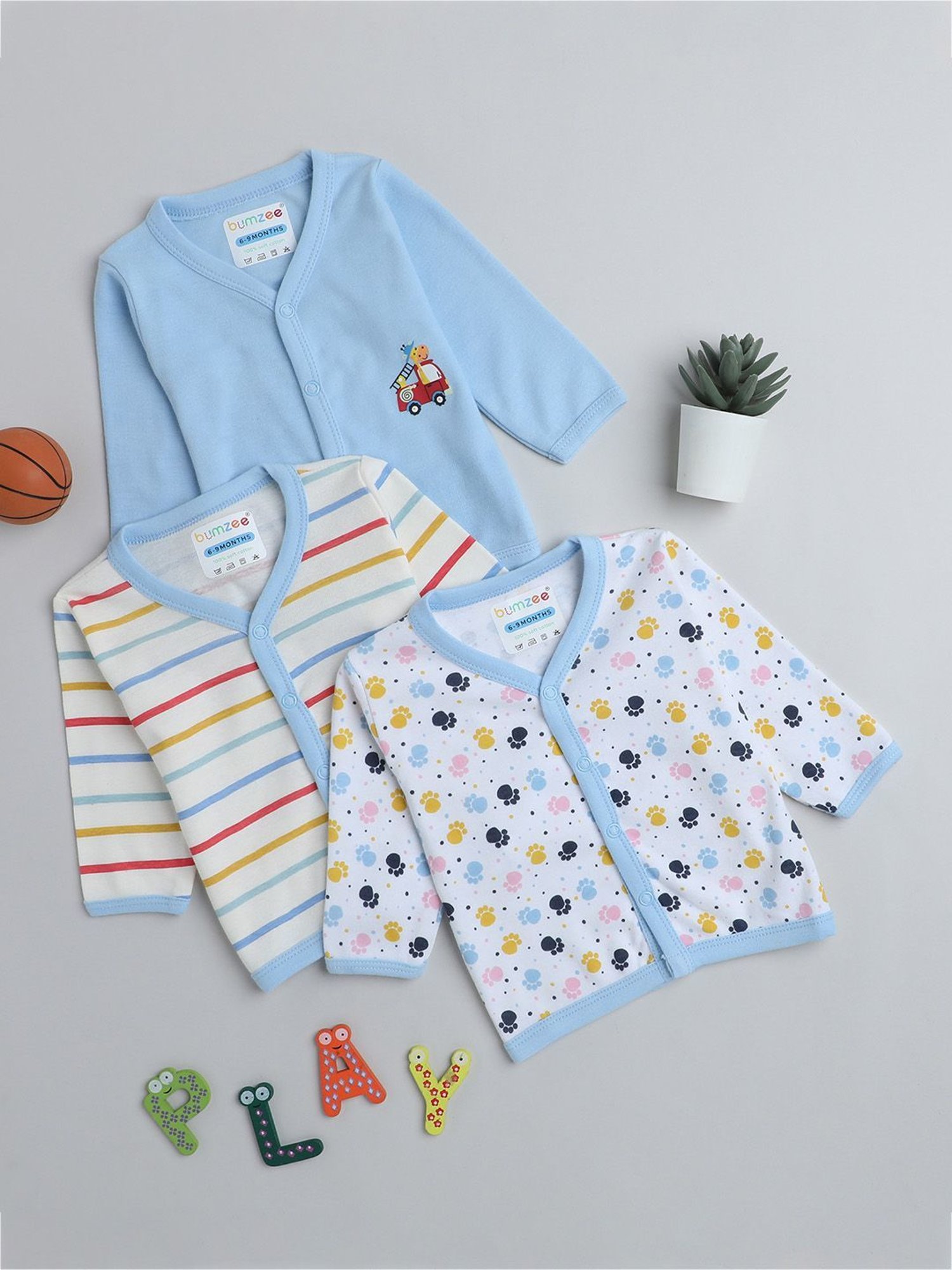 Bumzee Kids Blue & White Printed Full Sleeves Jhablas (Pack Of 3)