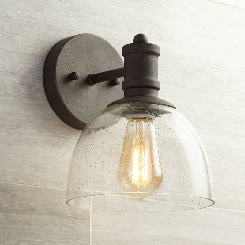 Franklin Iron Works Industrial Wall Light Sconce LED Bronze Hardwired 9 1/4" High Fixture Seedy Glass for Bedroom Bathroom Hallway