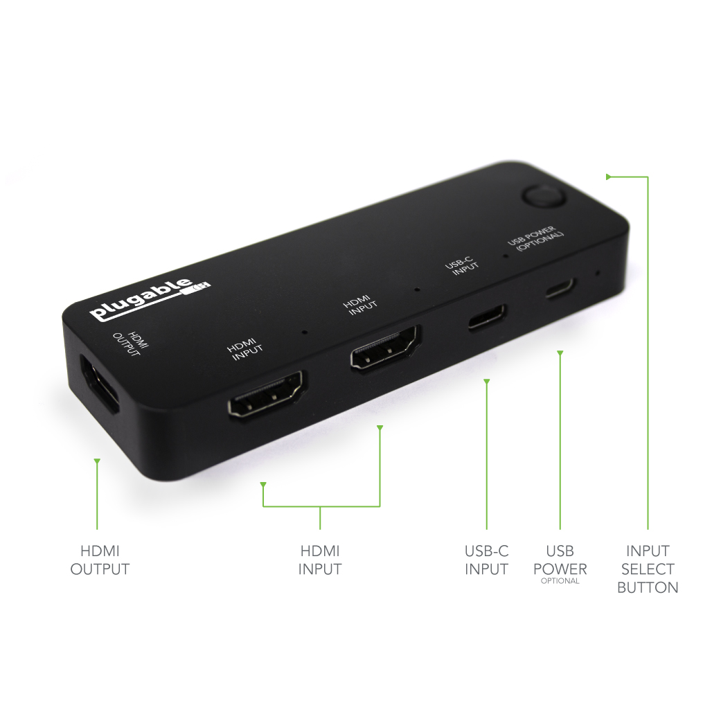 Plugable HDMI 2.0 and USB-C 3 Port Switch with 2 HDMI and 1 USB-C Inputs and Single HDMI 2.0 Output (Supports 2x HDMI 2.0 4K@60Hz Sources and 1x USB C or Thunderbolt 3 Source)
