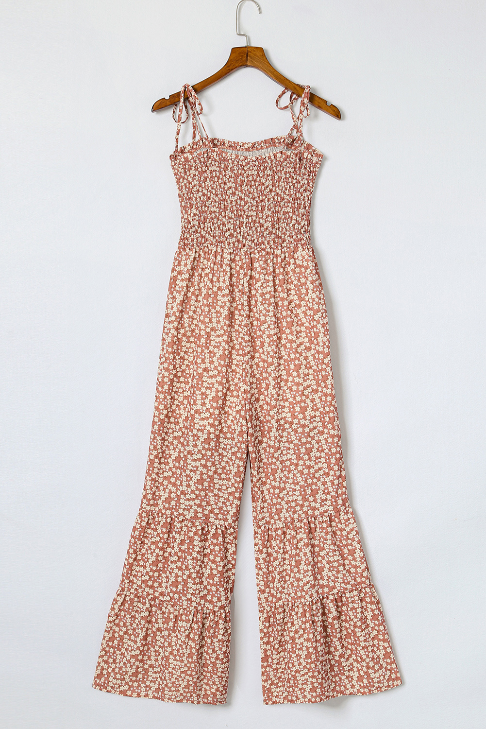 Rose Tan Solid Self Tied Straps Pleated Wide Leg Jumpsuit